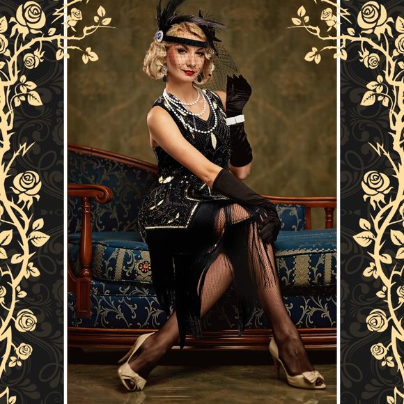 1920s Vintage Fringed Sequin Dress 20s V Neck Sequin Beaded Fringed Dress With🦋 - Picture 5 of 6